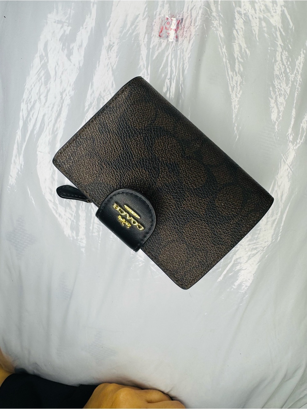 Coach Dark Brown Signature Compact Wallet with Gold Logo